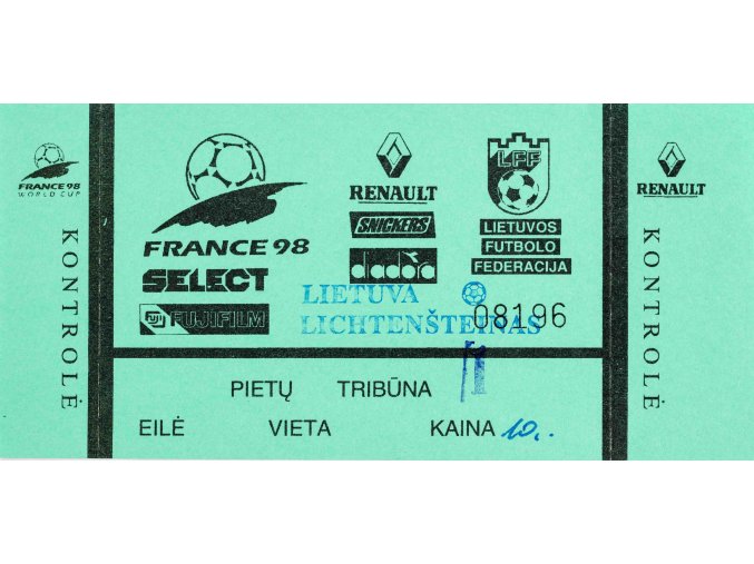 Vstupenka fotbal. Q98, Lietuva v. Lichtenšteinas, 1997