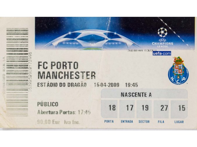 Vstupenka fotbal, FC Porto v. Manchester, UEFA CHL 2009