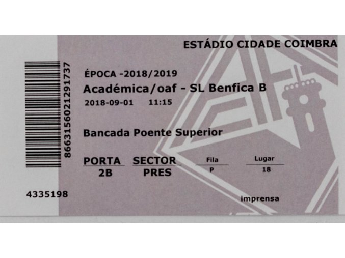 Vstupenka fotbal, Académica v. Sl Benfica B, 2018