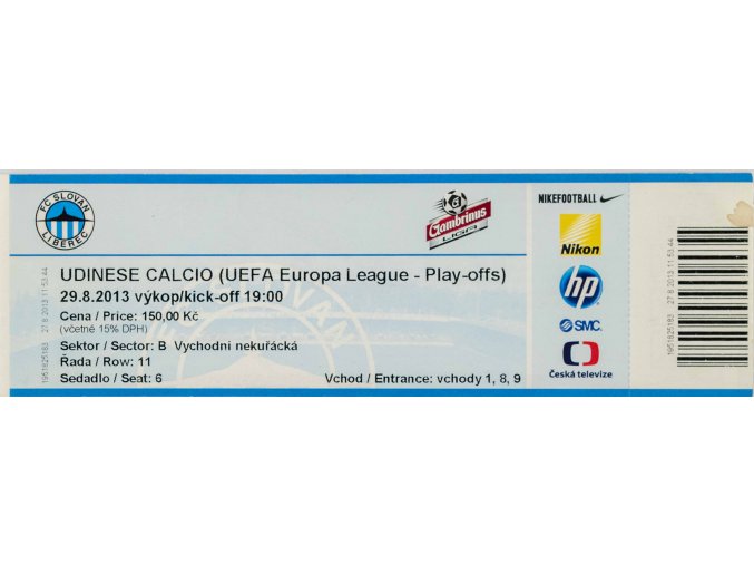 Vstupenka fotbal, FC Slovan Liberec v. Udinese Calcio, 2013