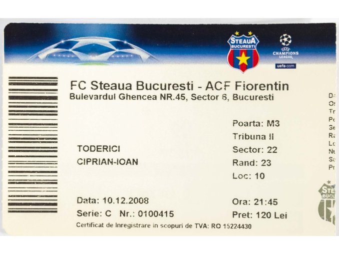 Vstupenka fotbal, CHL, FC Steaua Bucuresti v. ACF Fiorentin, 2008