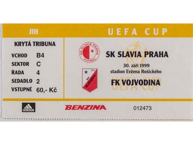 Vstupenka SK Slavia Praha vs. FK Vojvodina UEFA 1999 (2)