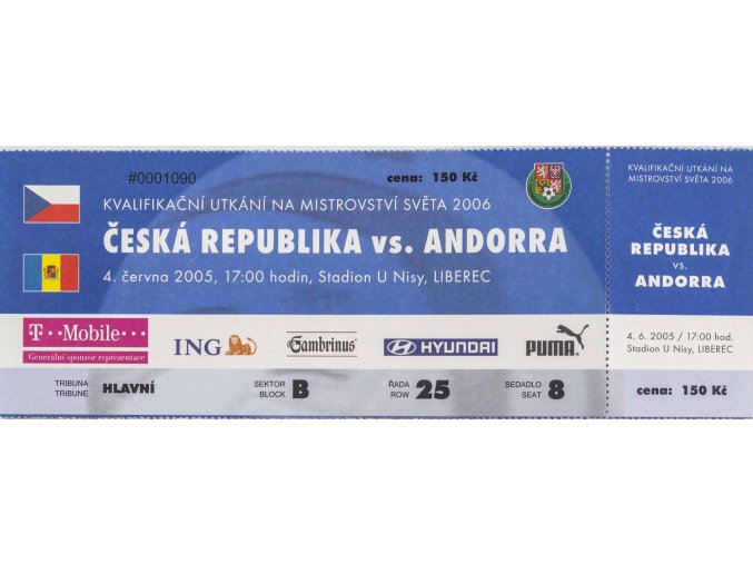 Vstupenka fotbal, ČR v. Andora, Q2006, 2005 modrá