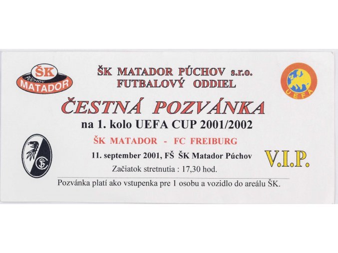 Vstupenka pozvánka fotbal, ŠK Matador v. FC Freiburg, UEFA 20012