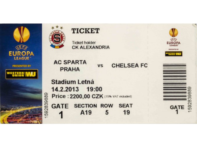 Vstupenka UEFA EL, Sparta Praha v. Chelsea FC, 2013
