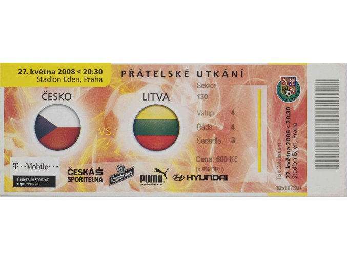 Vstupenka fotbal, ČR v Litva, 2008 (1)