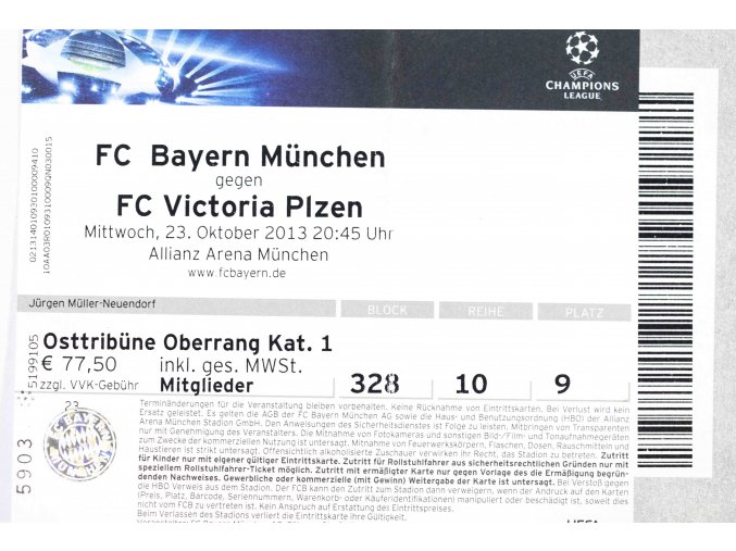 Vstupenka fotbal, CHL, FC Bayern Munchen v. Plzeň, 2013