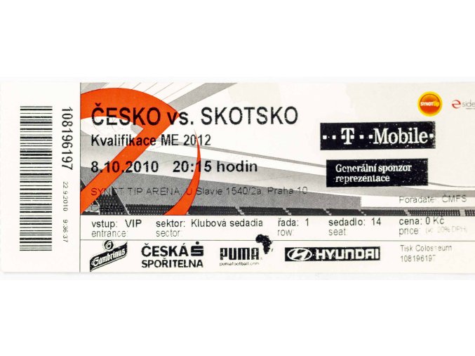 Vstupenka fotbal, ČR v. Skotsko, Q2012, 2010, VIP (1)