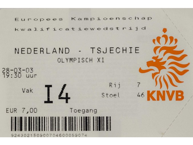 Vstupenka fotbal, Nederland v. Tsjechie, Olympisch XI, 2003