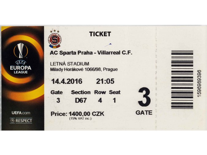 Vstupenka fotbal, AC Sparta Praha v. Villareal CF, 2016