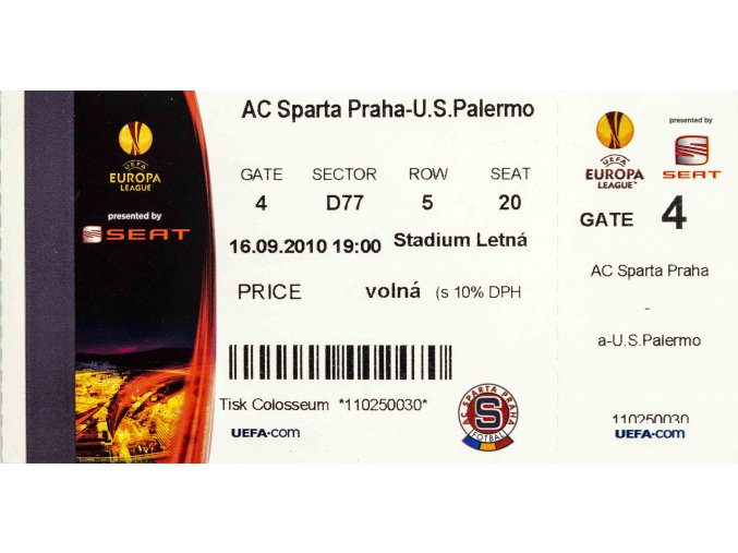 Vstupenka fotbal AC Sparta Praha v. US Palermo, UEFA 2010