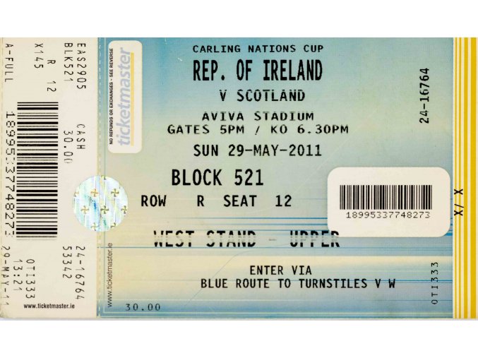 Vstupenka fotbal, Ireland v. Scotland, 2011