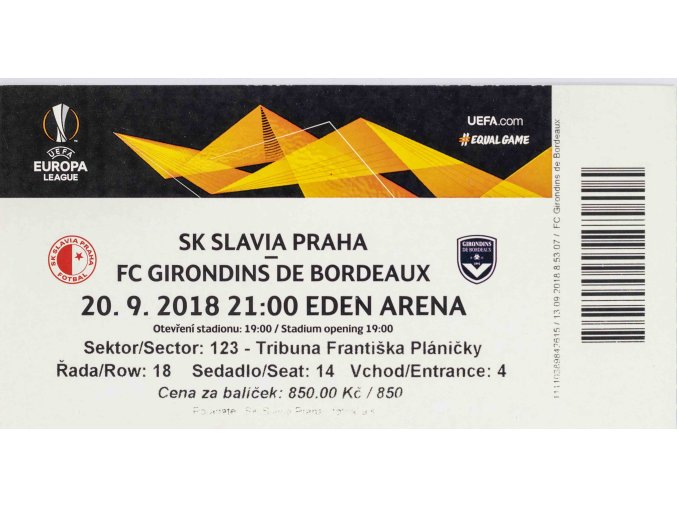 Vstupenka UEFA CHL, SK Slavia Praha v. FC Girondins de Boredeaux, 2018