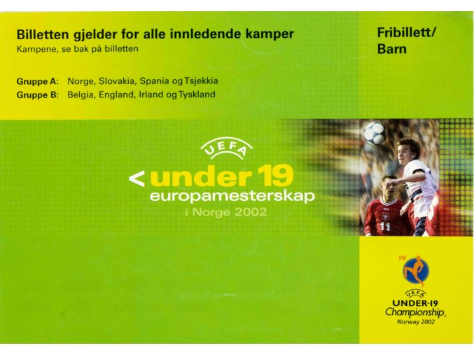 Vstupenka fotbal, U 19, Fribillett Barn, Norge 2002 (1)