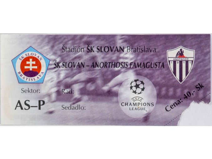 Vstupenka fotbal, Slovan Bratislava v. Anorthosis Famagusta, UEFA CHL