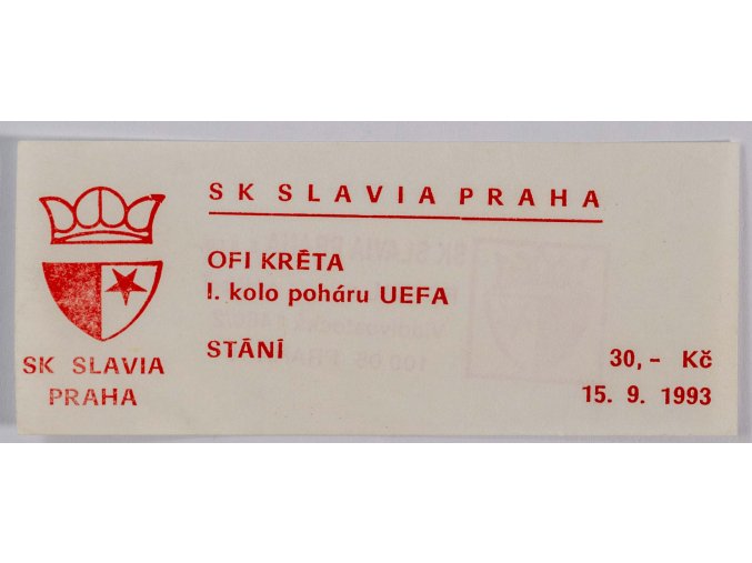 Vstupenka fotbal UEFA, SK Slavia Praha v. OFI Kréta, 1993