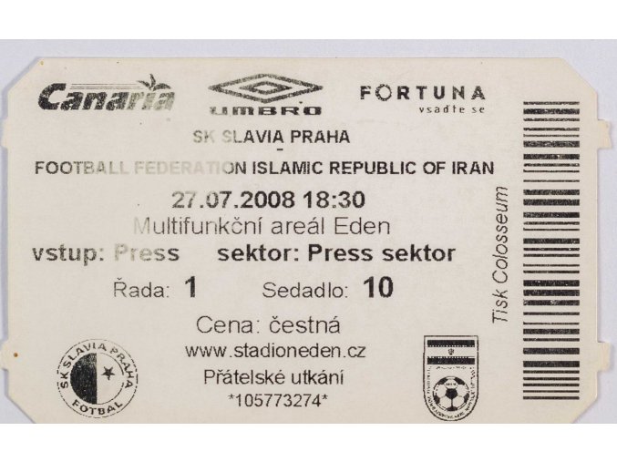 Vstupenka fotbal, SK Slavia Praha v. FF Islamic Republic of Iran, 2008