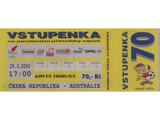 Vstupenka fotbal, ČR v. Austrálie, 2000