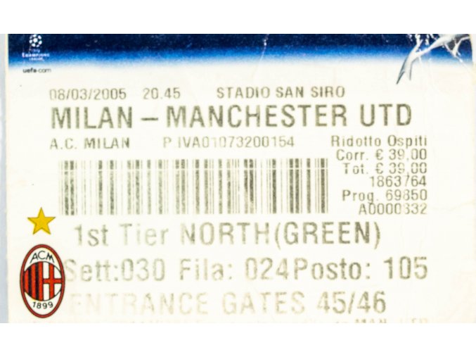 Vstupenka fotbal, Milan v. Manchester United, 2005