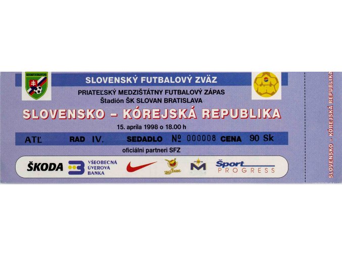 Vstupenka fotbal , Slovensko v. Kórejská republika, 1998