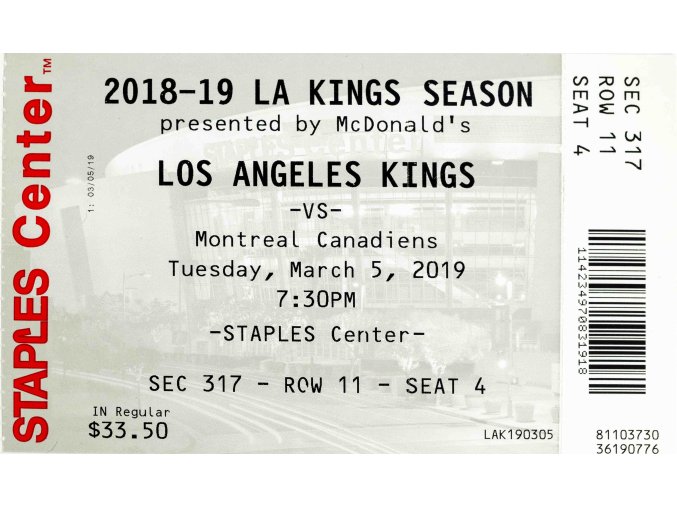 Vstupenka hokej NHL, LA Kings v. Montreal Candaiens, 2019