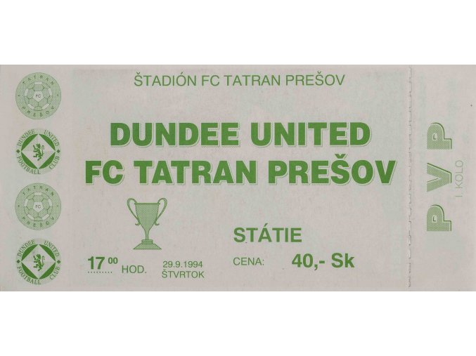 Vstupenka fotbal , Dundee United v. FC Tatran Prešov, 1994 2 (1)