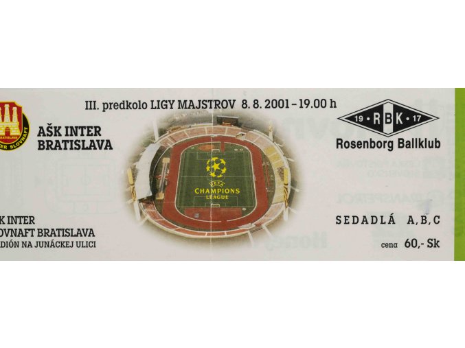Vstupenka fotbal , UEFA CHL, AŠK Inter Bratislava v. Rosenborg Ballklub, 2001