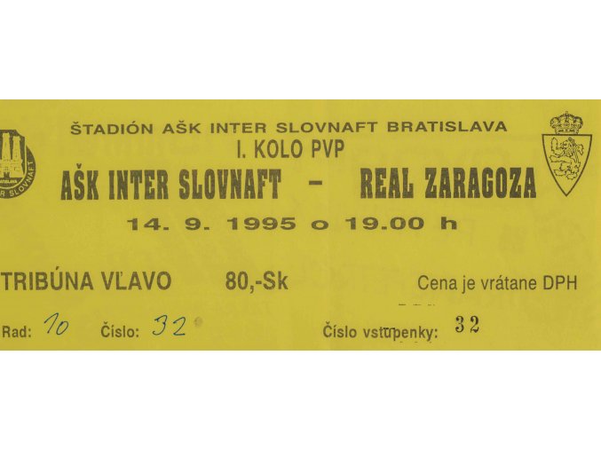 Vstupenka fotbal, PVP, AŠK Inter Slocnaft v. Real Zaragoza, 1995