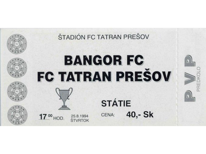 Vstupenka fotbal, Bangor FC v. FC Tatran Prešov, 1994 (2)
