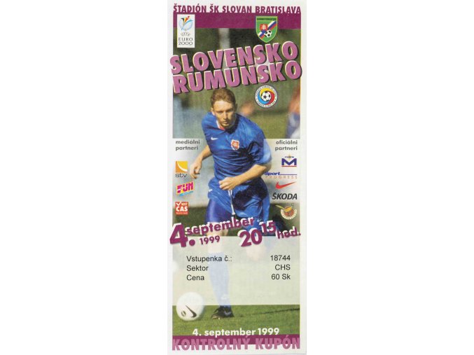 Vstupenka fotbal Q2000, Slovensko v. Rumunsko, 1999