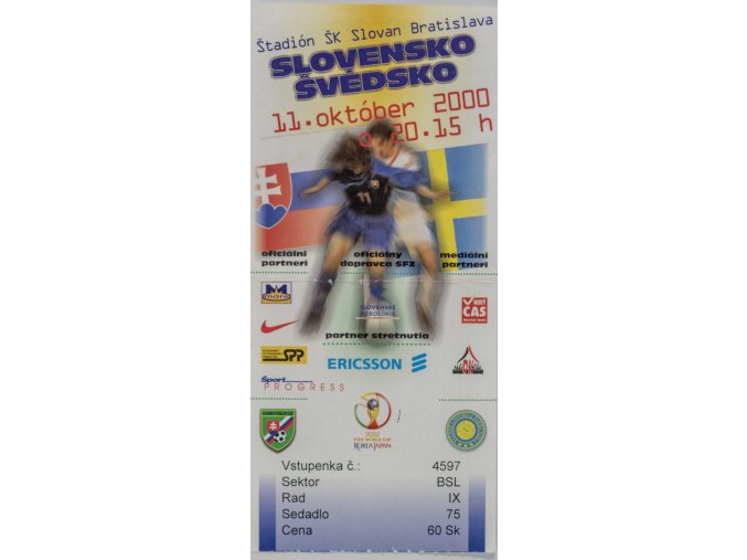Vstupenka fotbal , Slovensko v. Švédsko, 2000