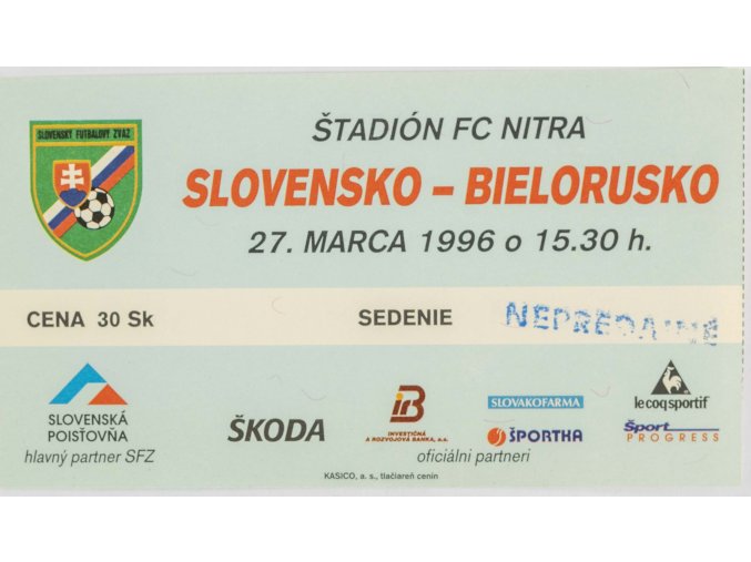 Vstupenka fotbal , Slovensko v. Bielorusko, 1996