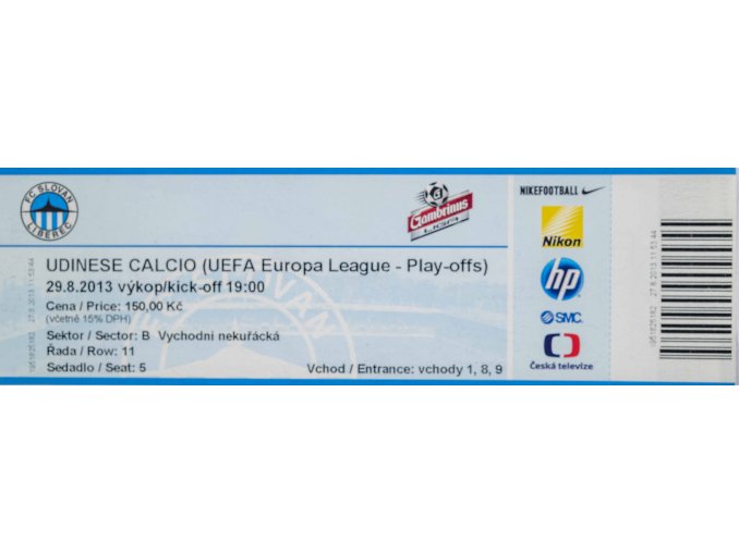 Vstupenka fotbal UEFA, Udinese Calcio v. FC Slovan Liberec, 2013