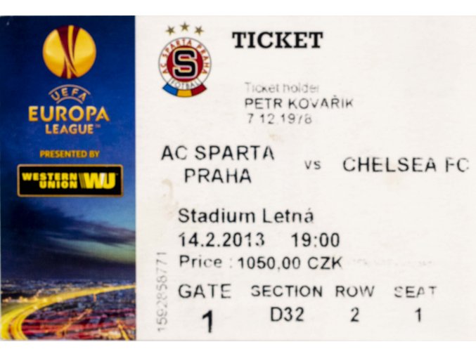 Vstupenka UEFA EL, Sparta Praha v. Chelsea FC, 2013 II