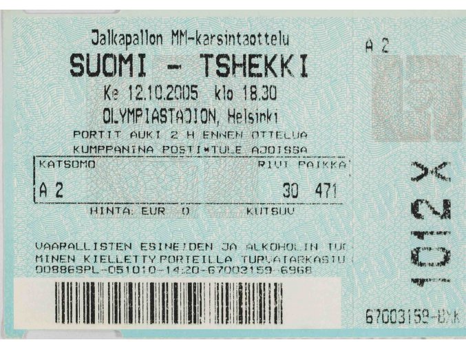 Vstupenka fotbal, Suomi v. Tshekki, 2005