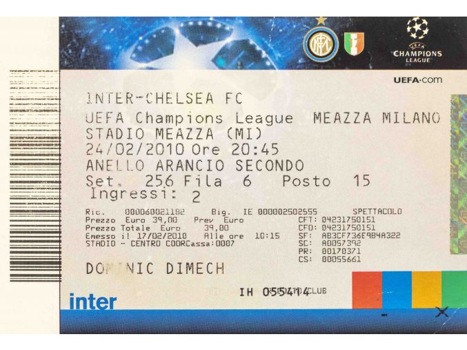 Vstupenka fotbal UEFA CHL, Inter v. Chelsea FC, 2010