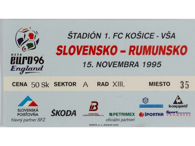 Vstupenka fotbal QE96, Slovensko v. Rumunsko, 1995