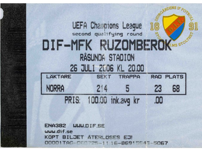 Vstupenka fotbal UEFA CHL, DIF v. MFK Ružomberok, 2006