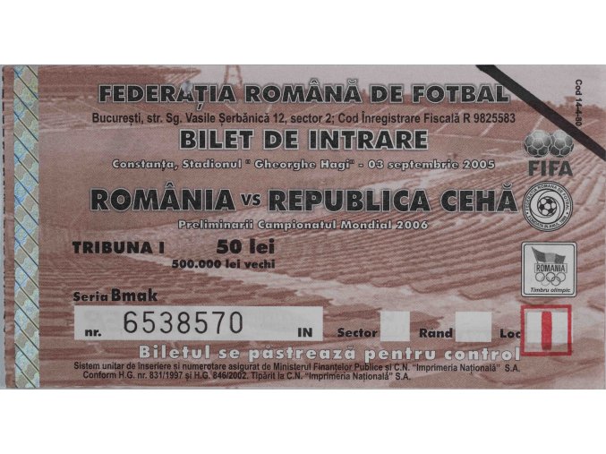 Vstupenka fotbal Q2006, Romania v. Republica Ceha