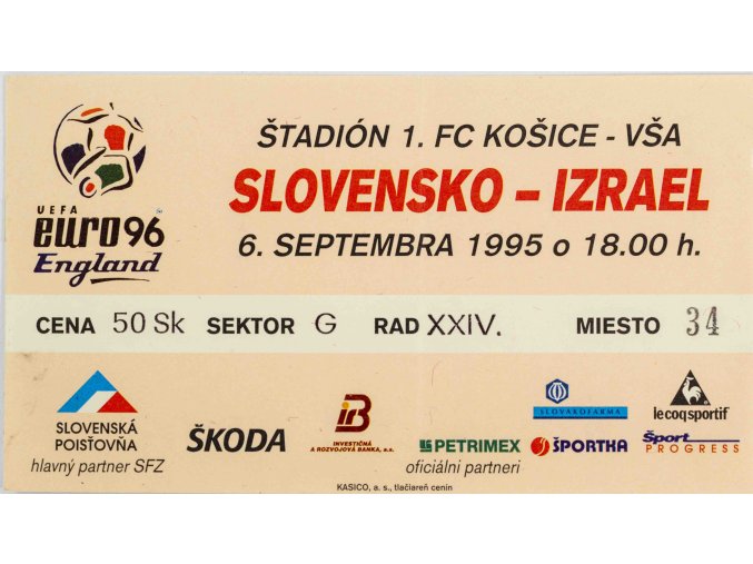 Vstupenka fotbal Q96, Slovensko v. Izrael, 1995