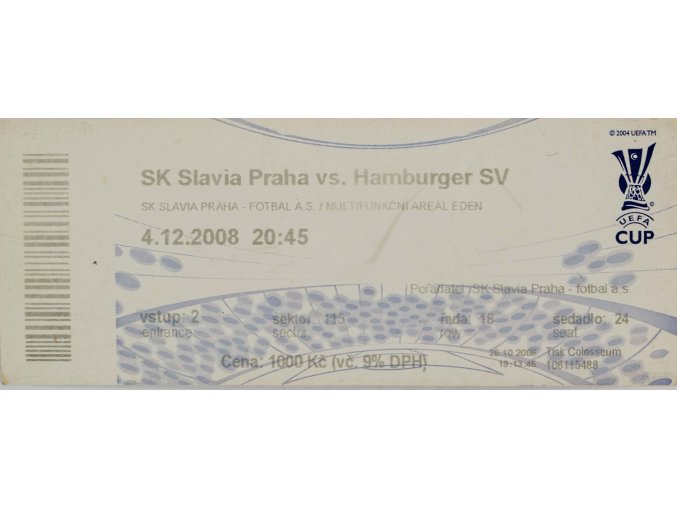 Vstupenka fotbal SK Slavia Praha vs. Hamburger SV, 2008 II