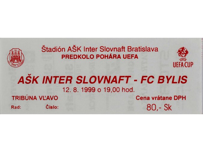 Vstupenka fotbal, UEFA, AŠK Inter Slovnaft v. FC Bylis 2