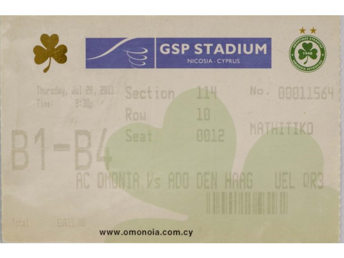 Vstupenka fotbal, AC Omonia v. Ado den Haag, 2011