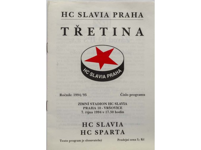 Program Třetina, HC Slavia Praha v. HC Sparta Praha, hokej, 199495