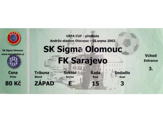 Vstupenka fotbal UEFA, SK Sigma Olomouc v. FK Sarajevo, 2002
