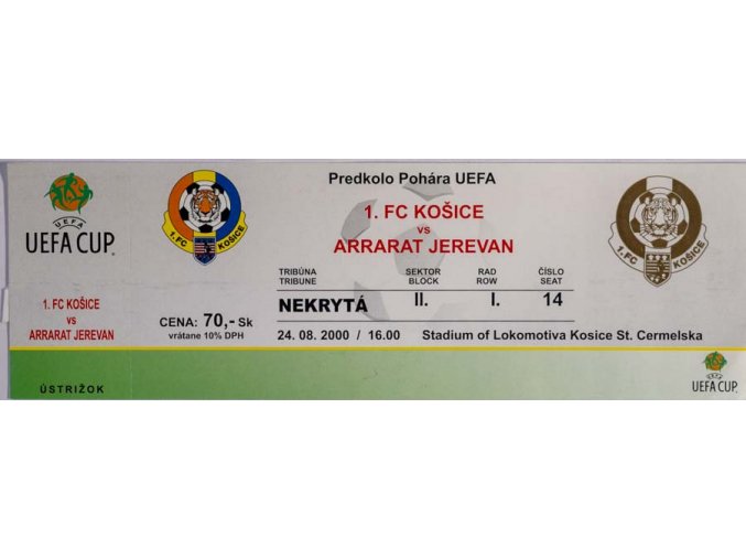 Vstupenka fotbal UEFA, 1. FC Košice v. Arrarat Jerevan, 2000
