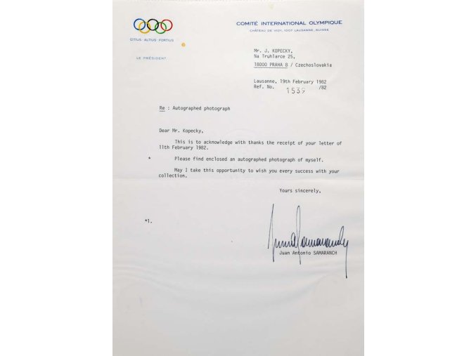 Dokument, dopis, Juan Antonio Samaranch, Olypique, 1982