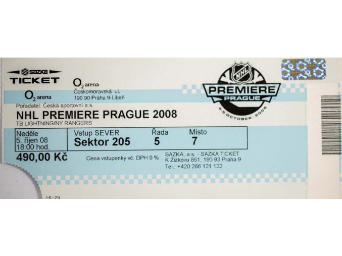 Vstupenka , NHL Premiere Prague, 5.10. 2008