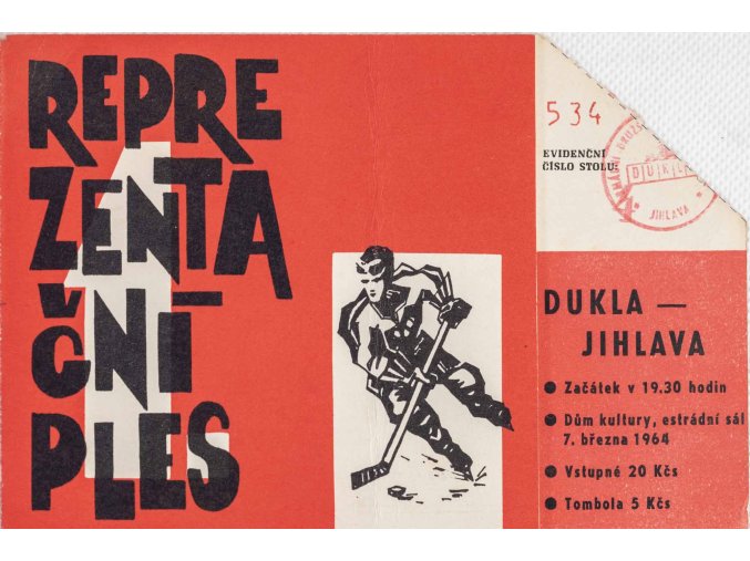Vstupenka, reprezentační ples Dukla Jihlava, 1964 (1)