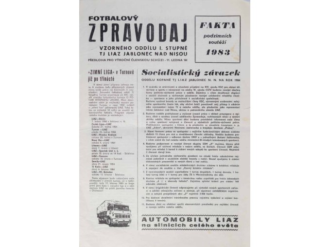 Program, Fotbalový zpravodaj, TJ Liaz Jablonec, podzim 1983